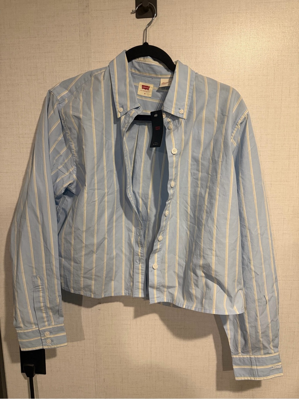 Levi's Light Blue and White Striped Cropped Button-Up Jacket